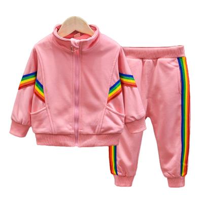 China Eco-Friendly New Kids Costume Boys Girls Solid Spring Rainbow Stripe Sports Two Piece Set for sale