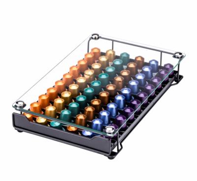 China 2022 New Style Viable Tempered Glass 60pcs Nespresso Coffee Pod Capsule Storage Rack Drawer for sale