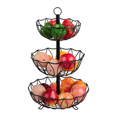 China 3 Tiers Home Appliance Black Color Metal Iron Wire Rack Modern Bread Basket Kitchen Storage Rack Vegetable Fruit Basket for sale