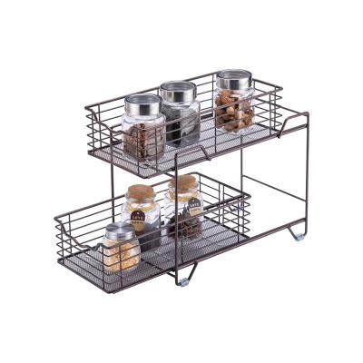 China Sustainable 2 Tier Metal Wire Mesh Sliding Basket Pull Out Kitchen Spice Rack Cabinet Organizer Drawer for sale