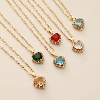 China Mother's Day TRENDY Gifts Full Diamond Love Heart Pendant Necklace Multi Colors Bling Zirconia Heart Shape Clavicle Necklace For Girls for sale