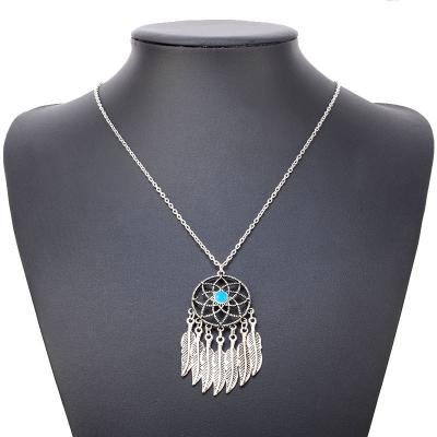 China FASHIONABLE Ethnic Style Hollow Feather Leaves Chain Dreamy Women's Sweater Tassel Turquoise Catcher Necklace for sale