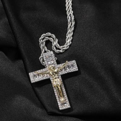 China Hiphop European Hiphop Brass Plated Jesus Necklace Zircon Cross Pendant Stainless Steel Chain Necklace for sale