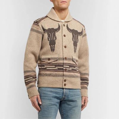 China Custom Breathable Retro Jacquard Long Sleeve Jacket Cardigan Cow Print Custom Breathable Casual Lapel Knitted Tapestry Sweater Men for sale