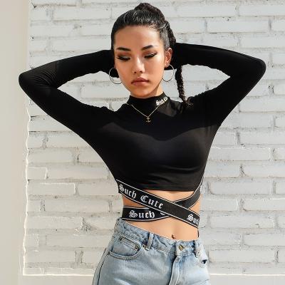 China 2019 fashion 2019 fashion stand collar long sleeve loose fit custom crop top anti-pilling t-shirt for woman for sale