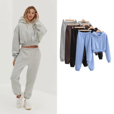 China Anti-Wrinkle Fashion Casual Women's Long Sleeve Solid Color Two-Piece Pants Set Crop Hoodie Sweatsuit Jogging Suit for sale