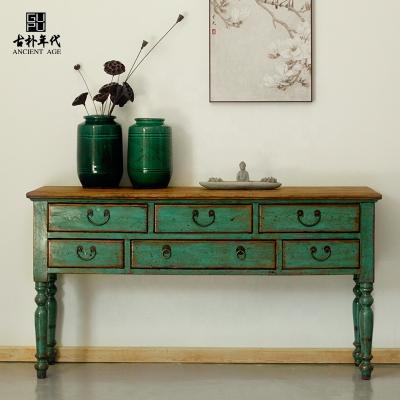 China Reproduction Assembled Wood Console Distressed Vintage Paint Chinese Folk Furniture Console Shabby Chic Console Table With Drawers for sale