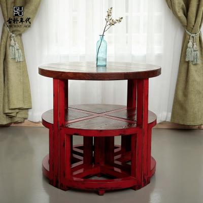 China Chinese Rustic Distressed Wooden Assembled Paint Set Tenon Joint Multifunctional Round Dining Tea Table With Stools for sale