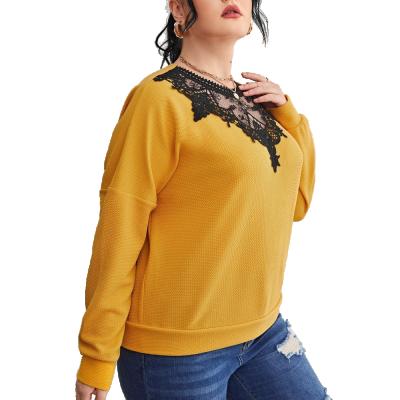 China Casual T-Shirts Women Casual Knitted Decorated With Lace Spandex / Polyester Garment Dyed None Pattern Regular O-Neck for sale