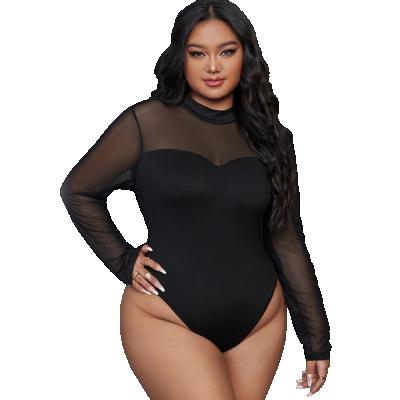 China Women Jumpsuit Anti-pilling Black Transparent Mesh Bodysuit Long Sleeve One Piece Rompers Club Wear for sale