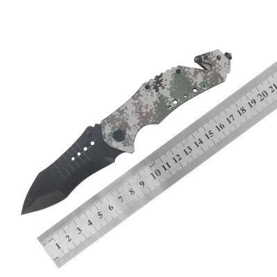 China Non-variable Popular Camouflage Hunting Bushcraft Folding Outdoor Rise Tactical Soft Portable Knife with Glass Breaker and Belt Cutter for sale