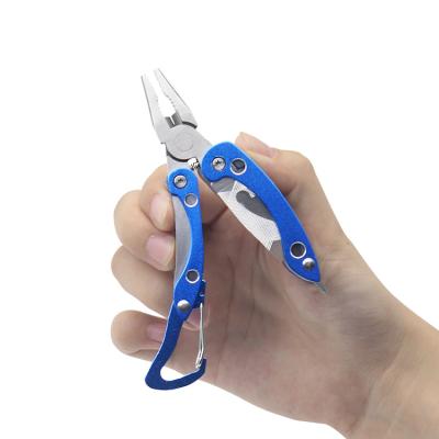 China Eco-friendly Stainless Steel Outdoor Multi Tool Aluminum Folding Multitool Blue Pliers With Carabiner for sale