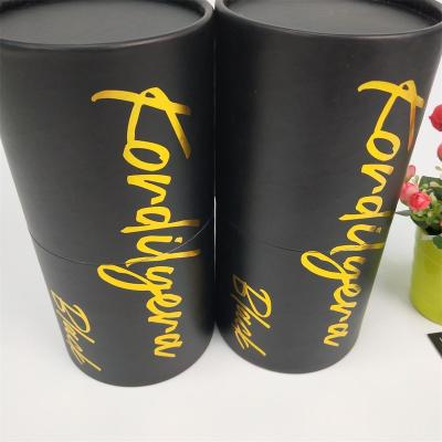 China Recyclable Luxury Black Cardboard Empty Gold Foil Recycle Cosmetic Cylinder Packaging Paper Tube For Beauty for sale