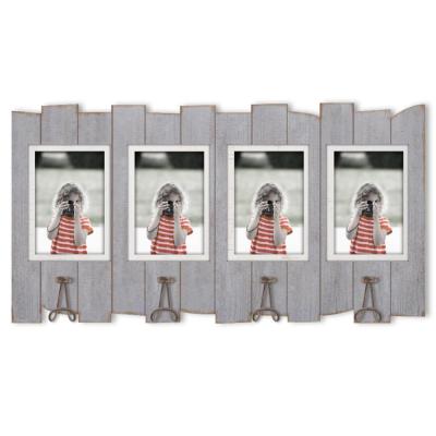 China Farmhouse Display Four 4x6 Wall Collage Picture Rustic Blue Wooden Old Picture Frame With 4 Hooks for sale