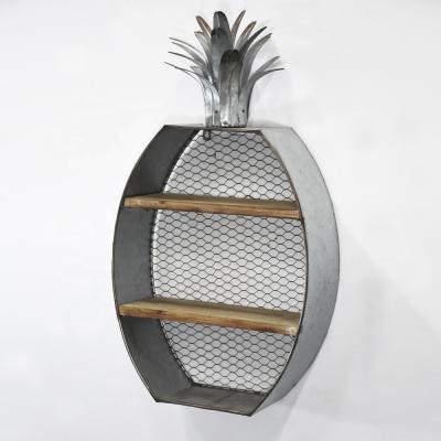 China Luckywind Sustainable 2 Tier Rustic Pineapple Form Galvanized Wall Storage Shelf With Chicken Wire Back for sale