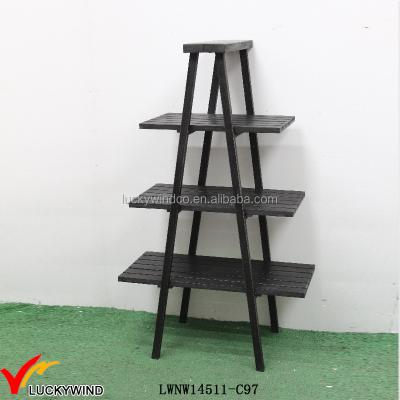 China Decorative 3 Tier A Ladder Frame Black Wooden Shelving Unit for sale