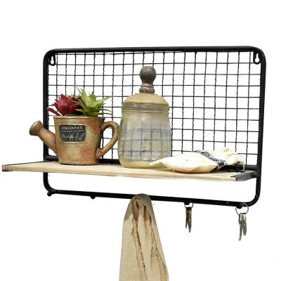 China Small Sustainable Decorative Wall Storage Retro Metal Shelf With Hooks for sale