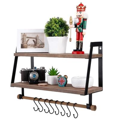 China Luckywind 2 Tier Rustic Wooden Wall Shelf for Storage Kitchen Spice Rack with Removable Towel Rack and Hooks for sale