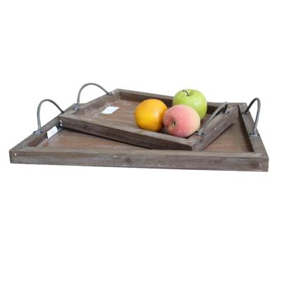 China Home Hotel/Restaurant/Party Serving Tray Stack Set Rectangle 2 Antique Wood Tray With Metal Side Handles for sale