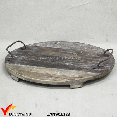 China Sustainable Shabby Chic Handmade Round Flat Decorative Wooden Tray With Handle for sale