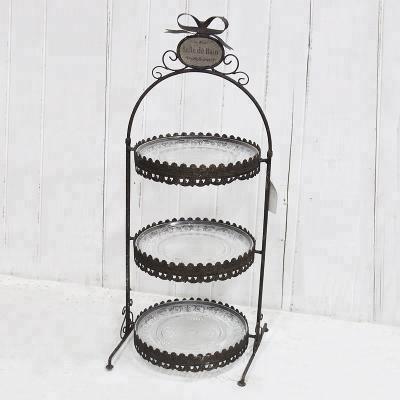 China French Country Rustic Metal Cake Serving 3 Tier Glass Dessert Tray for sale