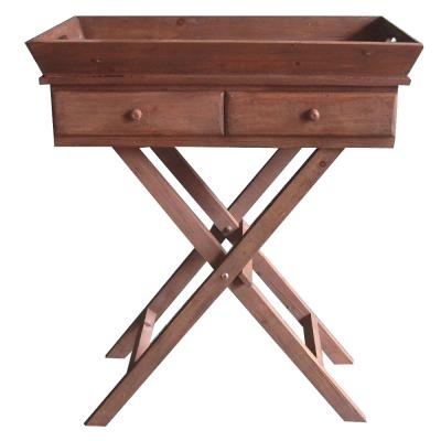 China Luckywind FSC Sustainable Rustic Wooden Butlers Serving Tray With 2 Cross Leg Drawers for sale