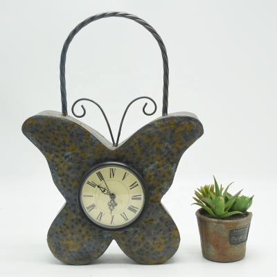 China Luckywind Antique Butterfly Style Clock Retro Metal Handmade Decorative Desk Table Hanging Animal Clock for sale