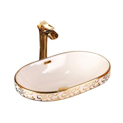 China Art Installation Modern Ceramic Scratch Proof White Gold Basin For Bathroom for sale