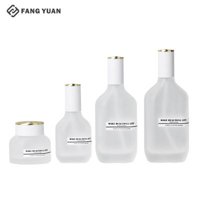 China Skin Care Cosmetic Packaging Frosted Pole Flattened Glass Bottle 120ml 100ML 40ML 50g 30g 1oz Lotion Flat Pump Bottle For Cosmetic Packaging for sale