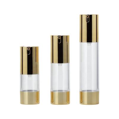 China Cosmetic 15ml 30ml 50ml AS Essential Body Serum Cosmetic Plastic Airless Bottles With Gold Lid for sale