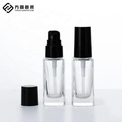 China 30ml Square Cosmetic Sunscreen Cream Makeup Base Thick Bottom BB Cream Glass Bottle With Black Pump Lid for sale