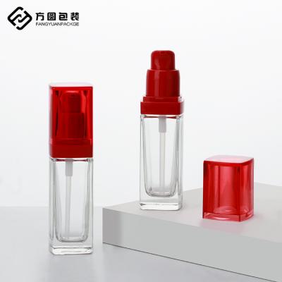 China Low MOQ Customized Color Skin Care Cosmetic Serum Make Up Face Foundation Square 30ml Empty Glass Bottles With Red Pump for sale