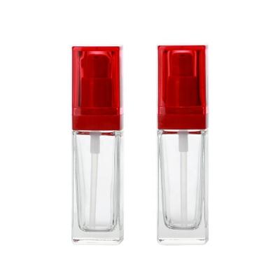 China 30ml Recyclable Clear Frosted Square Glass Bottle Eco-friendly With Red Lid Cosmetic Makeup Liquid Pump Bottles In Stock for sale