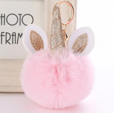 China Wholesale PU unicorn key chain charm pom pom fur rabbit decoration factory faux key chain for bag car for sale