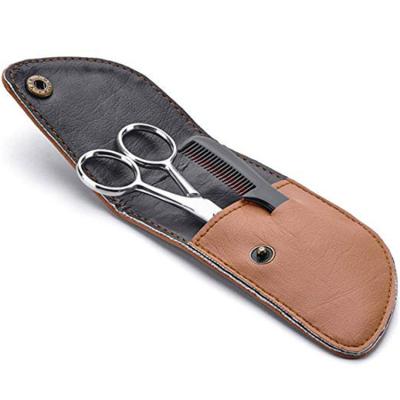 China High Quality Beard Trimming Tools Stainless Steel Beard Scissors Beard Comb In PU Leather Case for sale