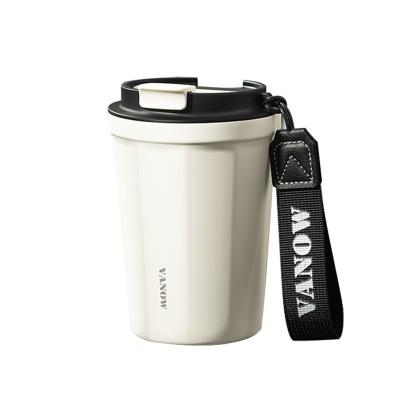 China Sale 390ml Ceramic Tumbler Inner Layer Coffee Mug Portable Thermos Mug With Lid And Nylon Lanyards for sale