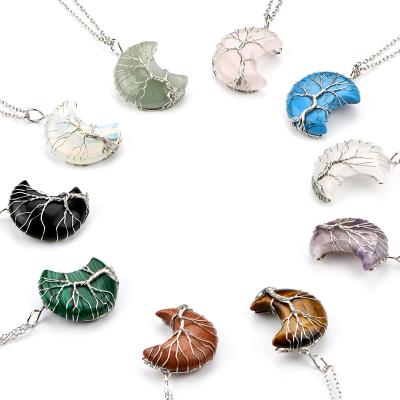 China CLASSIC Necklace Reiki Crystal Stone Necklaces Tree Of Life Wire Wrapped Crescent Moon Pendant Natural Gemstone Pendant for sale