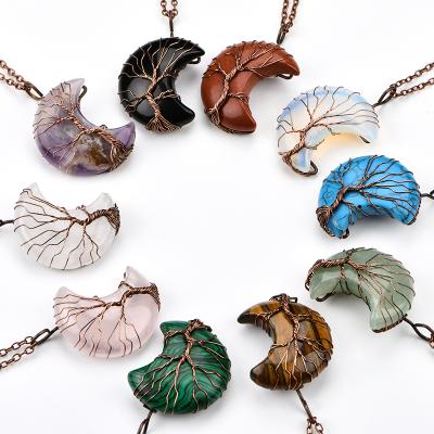 China CLASSIC Tree of Life Thread Wrapped Crescent Moon Pendant Necklace Reiki Crystal Stone Necklaces Natural Gemstone for sale