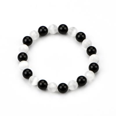 China TRENDY 8mm with 18.5-19.0cm length gemstone stretch bracelet exquisite design selenite and black tourmaline bracelet for sale