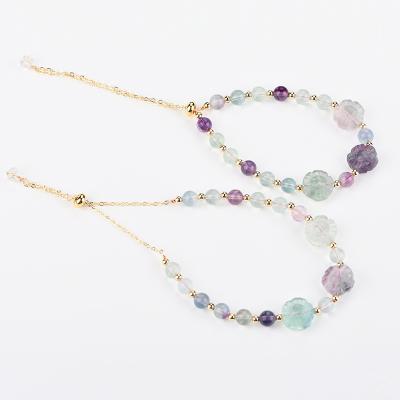 China TRENDY 4K Gold Plated Natural Round Gemstone Rainbow Fluorite 6mm Bead Bracelet Stone Bangle With Adjustable Chain End Jewelry Making for sale