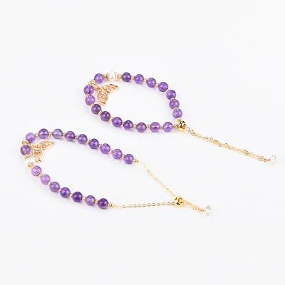 China New FASHIONABLE Design 14K Gold Plated Natural Gemstone Amethyst Bead Bracelet Stone Bracelet With Adjustable Chain End for sale