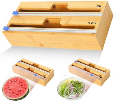 China Viable 2 in 1 Bamboo Plastic Wrap Dispenser with Slide Cutter, Foil and Plastic Wrap Organizer for sale