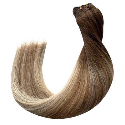 China 16inch Ombre #4 Dark Brown Highlight #27 Caramel Straight Remy Human Hair Weft Straight Hair Weft for sale