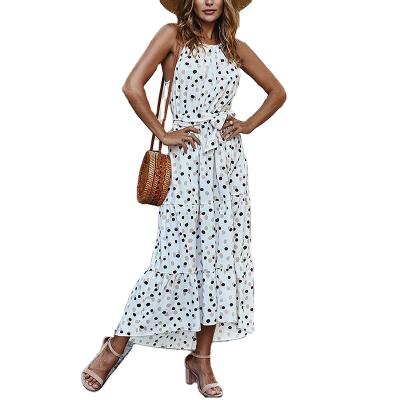 China New Arrival Breathable Polka Dots Maxi Boho Dress Backless Pink Spaghetti Ties Belt Cake Women Dress for sale