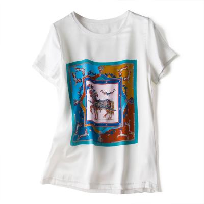 China 2021 Anti-wrinkle fashion silk lock printing two color women's casual short sleeve round neck stitching T-shirt for sale