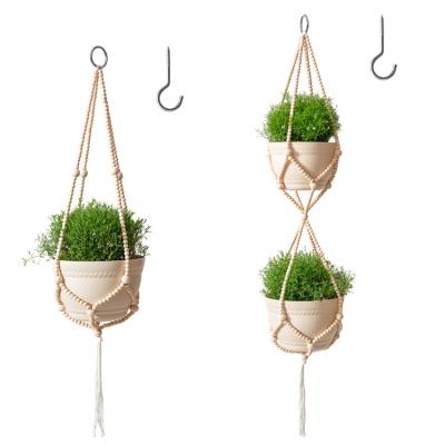 China 2021 New Modern Minimalist Wooden Beads Handmade Indoor Hanging Flower Plant Pot Hanger Outdoor Balcony Rope Planter Basket for sale