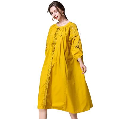 China XL Anti-Static Hollow Dress Fashionable Women Embroidery Wholesale Price Customized Casual Outfits Women Summer Dress 2021 Solid Color Cotton for sale