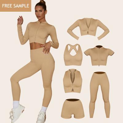 China Breathable 6 Piece Running Clothing Women's Equipment Crop Top And Bra Bottom Legging Sets Seamless Yoga Gym Set Yoga Activewear Set for sale