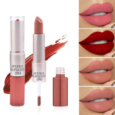 China 2021New Product 2 in-1 waterproof lipstick lip gloss as eye shadow, blush, lip/two in one liquit matte lip gloss lipstick for sale