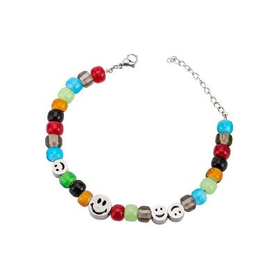 China Factory Direct Sale Fashionable High Quality Stainless Steel Colorful Glass Bead Smiley Face Bracelets for sale